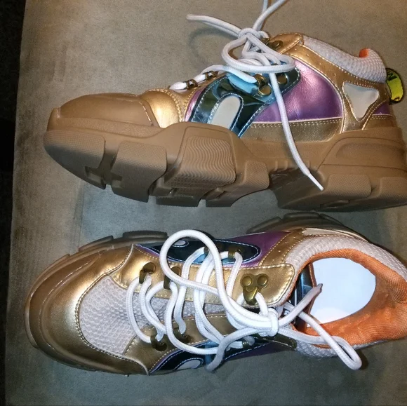 GUCCI FLASHTREK METALLIC LEATHER SNEAKERS COPPER MUTI COLOR - Picture 7 of 11